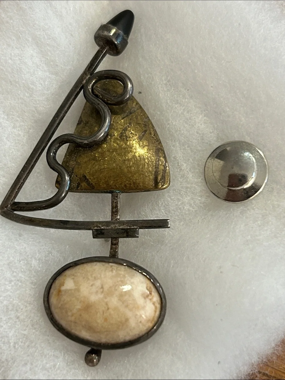 Mixed-Metal Tie Tack with Agatized Coral Cabochon